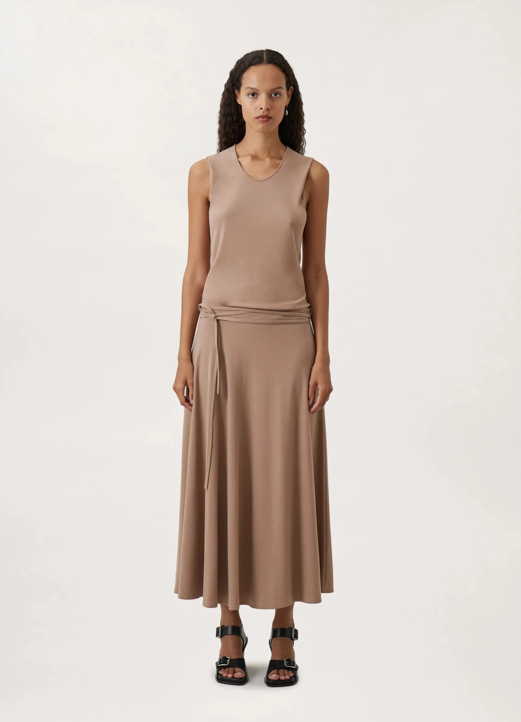 Belted Crepe Sleeveless Dress